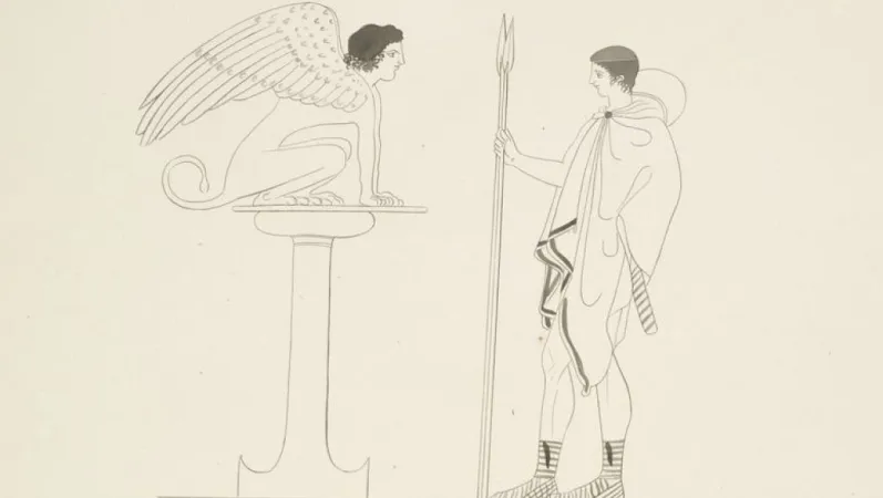 Amphore attique à figures rouges : Œdipe et le Sphinx © Gallica, Bibliothèque nationale de France
