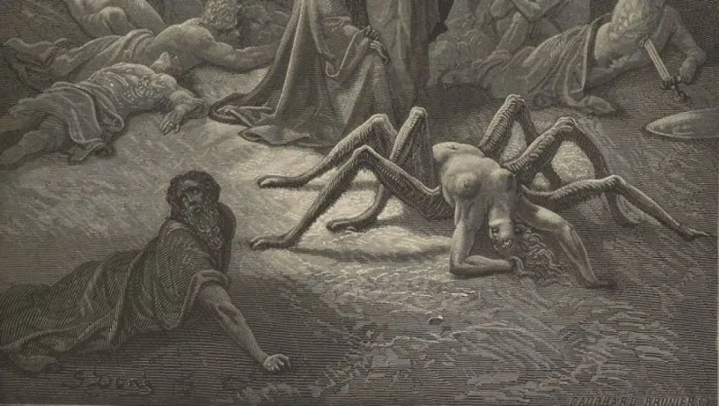 Arachné dans <em>Le Purgatoire</em> de Dante Alighieri, avec les dessins de Gustave Doré © Gallica, Bibliothèque nationale de France